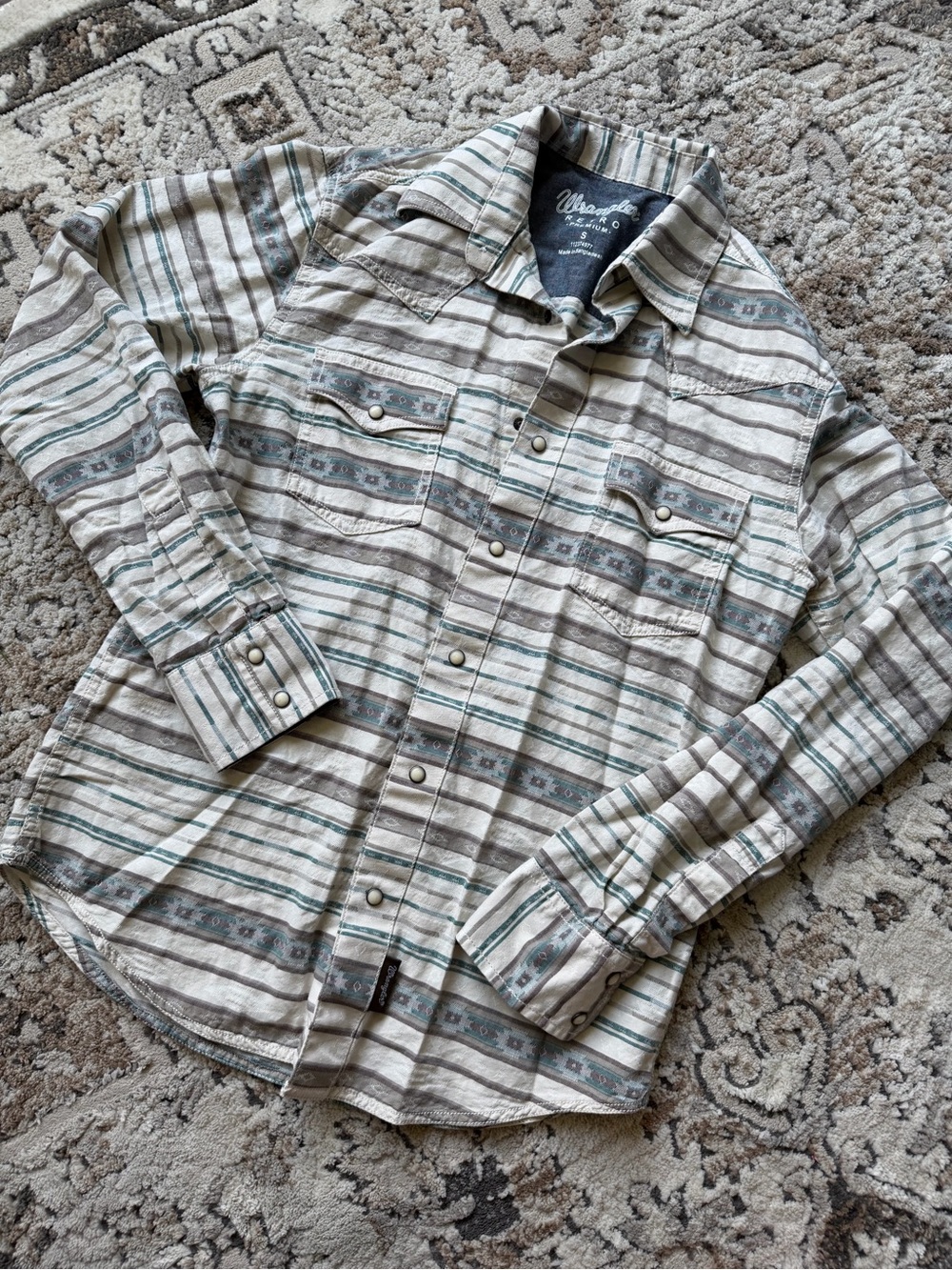 Wrangler Tan, Blue & Gray Striped Button-Down Shirt